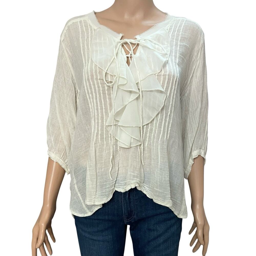 Ralph Lauren Denim And Supply Lace Up Gauze Blouse Medium Ruffle Pleated Boho